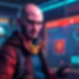 A gaming character with a bald head poses near a digital passport, showcasing customization features