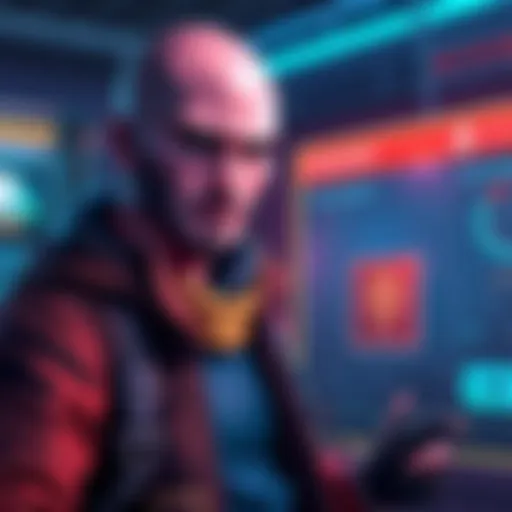 A gaming character with a bald head poses near a digital passport, showcasing customization features
