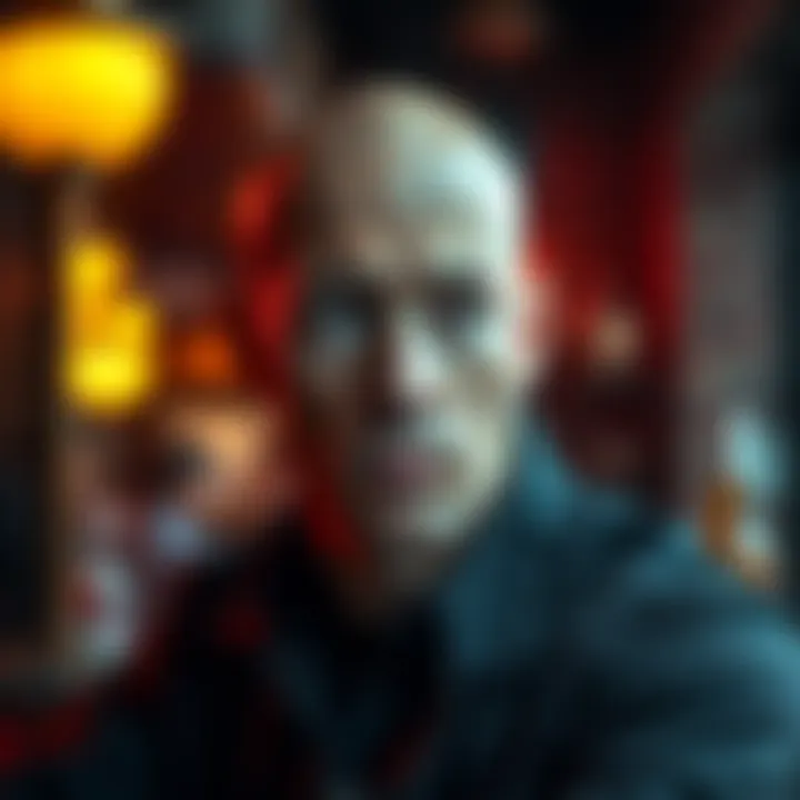 A balding man with a serious expression seated at a bar, reflecting thoughts about perceptions of baldness and violence.