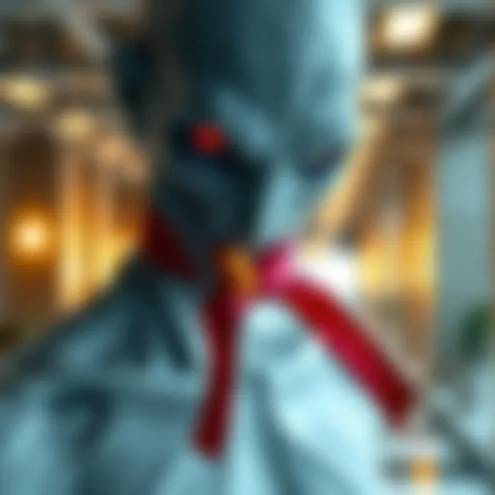 Close-up of bald wraith skin featuring a colorful ribbon, shown in a lobby setting