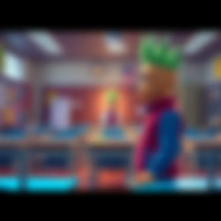 Baldi confronting a player in a school setting A character named Baldi stands in a classroom, looking serious as they interact with a player character. The scene is vibrant and colorful, capturing the essence of a school environment.