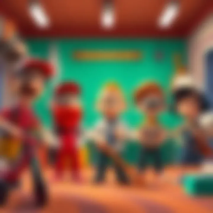 Baldi's Basics characters shown in various creative occupations, showcasing their new designs and roles in a colorful setting.