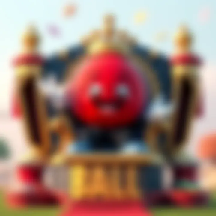 A playful character named Ball sitting on a trophy throne with humorous expressions and cartoonish elements around him, showcasing creative highlight intro ideas.