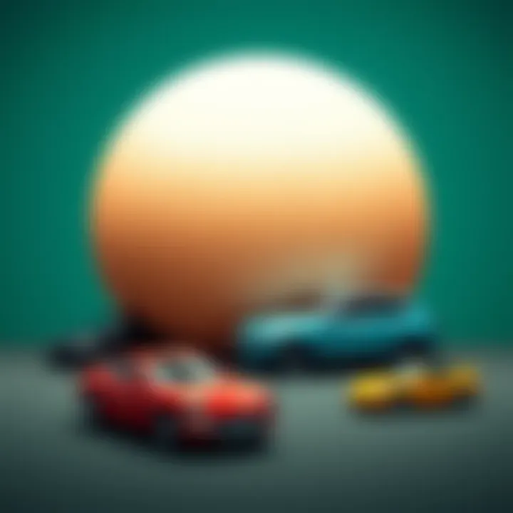 Ball Next to Tiny Cars A large ball placed beside small cars, illustrating the difference in scale between them.