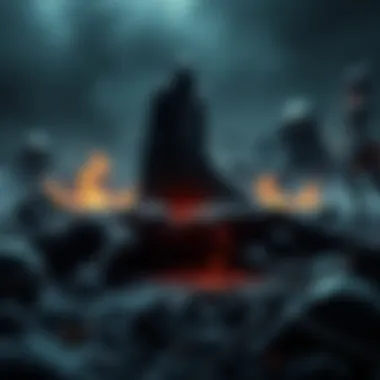 A shadowy figure representing Ballas looms over the desecrated body of Adis, symbolizing conflict and revival in the backdrop of a ruined landscape.