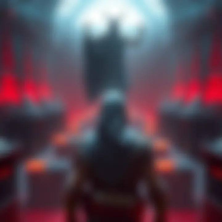 A character wearing a veil faces Ballas in a challenging arena filled with obstacles.