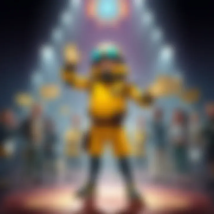 Banana Guard character standing in a playful pose, surrounded by fans discussing his traits and adventures.