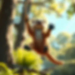 A playful herbivore named Banbaro swings a log in a sunny forest, showcasing its unique behavior and cheerful personality.