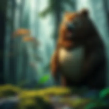 A Banbowlbear, a large creature with a mix of bear and owl features, stands in a dense forest, surrounded by trees and underbrush.