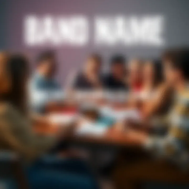 A diverse group of people sitting around a table with papers and pens, laughing and sharing funny band name ideas, creating a fun and engaging atmosphere.
