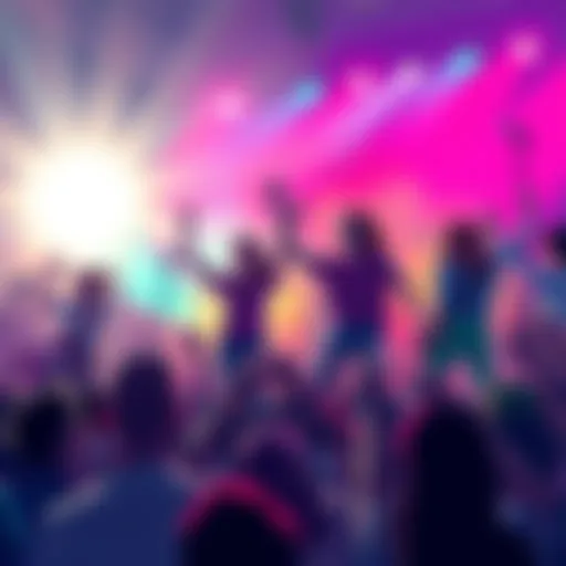 A vibrant illustration showing popular music bands joining together on stage, with fans cheering enthusiastically in the background.