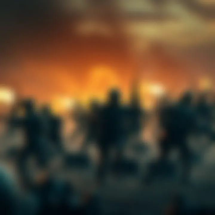 A chaotic war scene with soldiers fighting and Linkin Park playing in the background, illustrating the impact of music on warfare