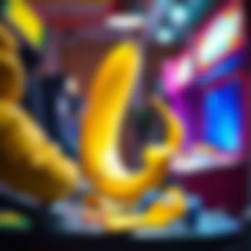 A colorful arcade game scene featuring a banana peel causing humorous interactions between NPC characters.