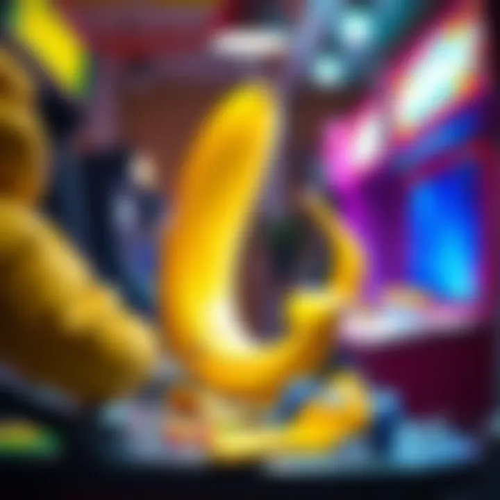 A colorful arcade game scene featuring a banana peel causing humorous interactions between NPC characters.