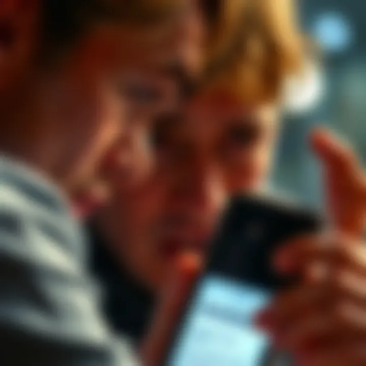 A person looks frustrated while staring at a phone displaying a ban notice from social media. Their expression shows concern about losing connection with friends and community.