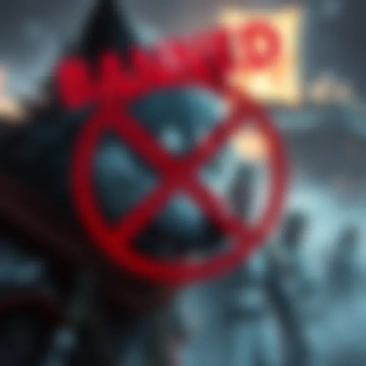 The Infinite Wolf character shown with a red X over it, symbolizing its ban, along with frustrated players in the background calling for the Paladin Dragon's removal.