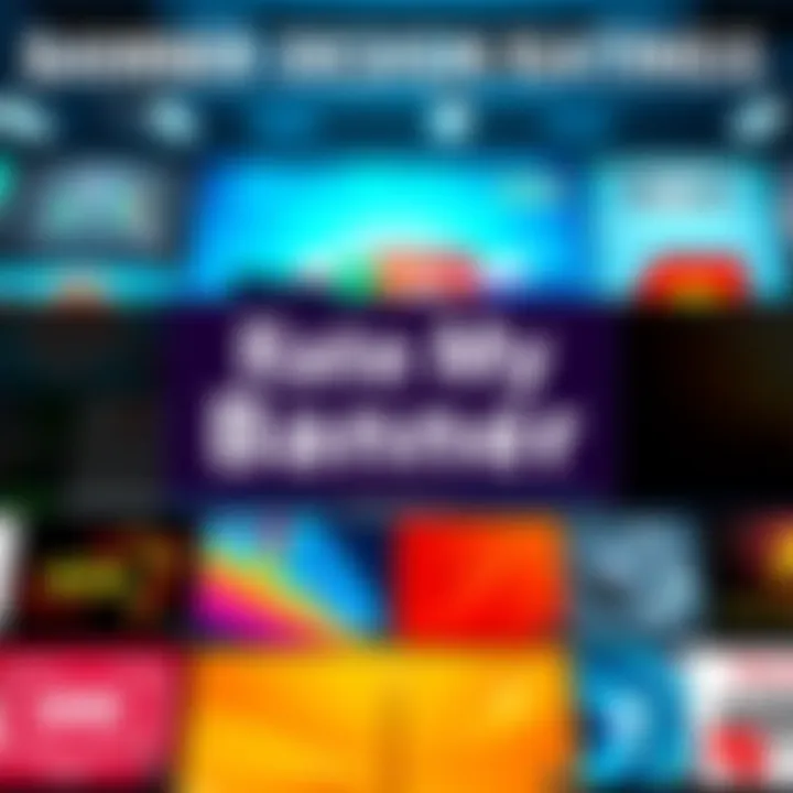 A collection of colorful banner designs displayed for rating, with a scale from 1 to 10 visible, representing community feedback.