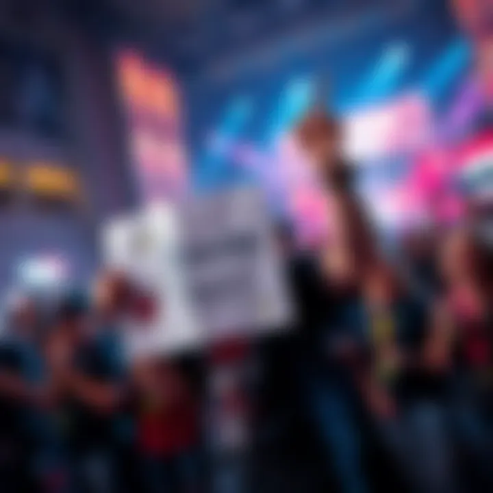 Banshee Fan Defending Character A passionate fan of Banshee wearing a themed shirt, holding a sign that reads 'Banshee Rocks!' at a gaming event, surrounded by fellow supporters showing their enthusiasm.