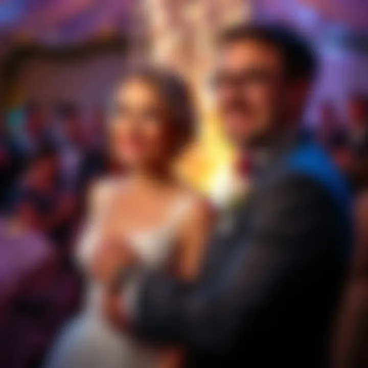 Barbara and Trevor smiling together at their wedding, surrounded by friends and family celebrating their love.