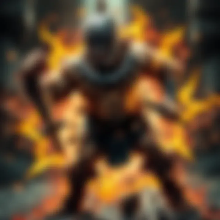 A fierce Barbarian character, muscles bulging, ready to dash forward in a battle stance, surrounded by a mystical aura while raging