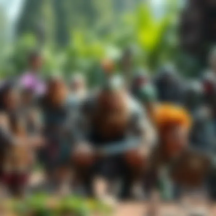 A group of diverse fantasy characters representing various unique races for a barbarian, showcasing fun and creativity in a vibrant setting.