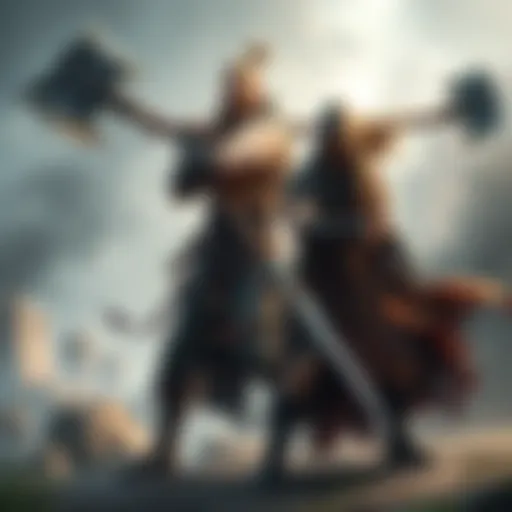 A fierce Barbarian wielding a massive axe stands beside a swift Monk in a defensive stance, showcasing their combined strengths in a fantasy setting.