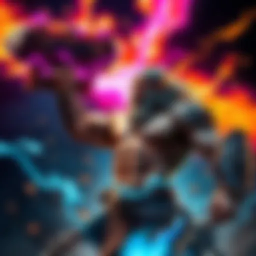 Barbarian casting a spell A muscular barbarian with a fierce expression, raising a massive weapon as colorful magical energy swirls around him, showcasing unique homebrew spells in action.