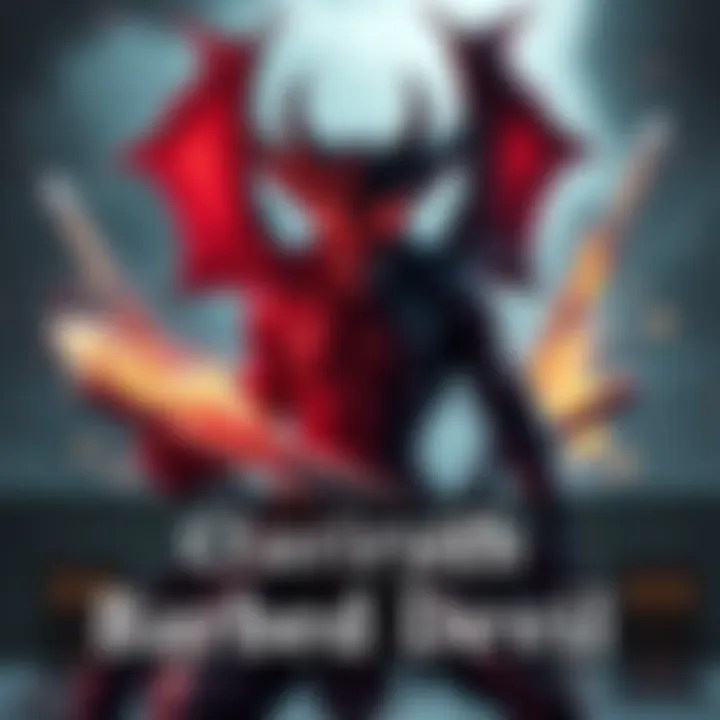 A Barbed Devil stands ready for battle, showing its resistances to different types of damage, with swords clashing around it.