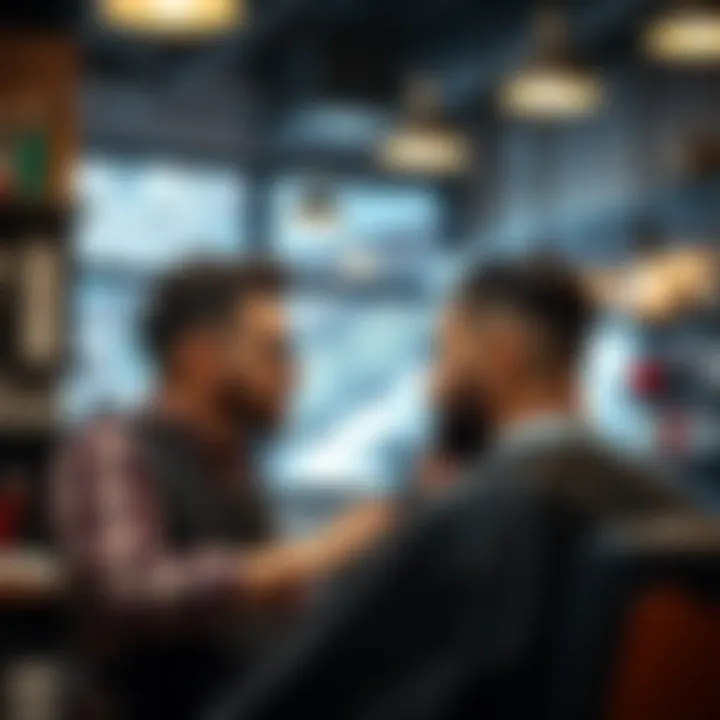A barber and a client discussing hairstyle preferences in a barbershop, with hair tools visible