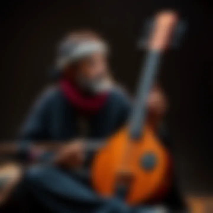 A bard sitting with a Kora, a traditional West African string instrument, looking thoughtful about cultural sensitivity.