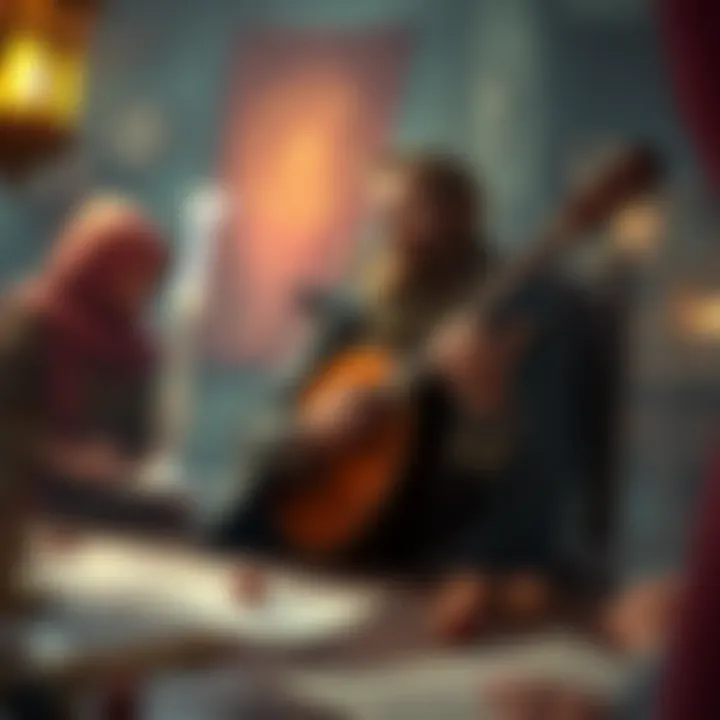 A tabletop RPG scene showing a bard character holding a lute, looking thoughtful as they face challenges with their Game Master, surrounded by character sheets and dice.