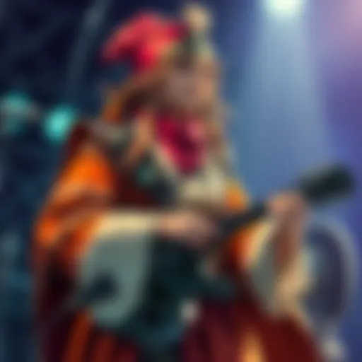 A bard character with a vibrant outfit, holding a lute and confidently performing, showcasing a high Charisma score in a role-playing game setting.