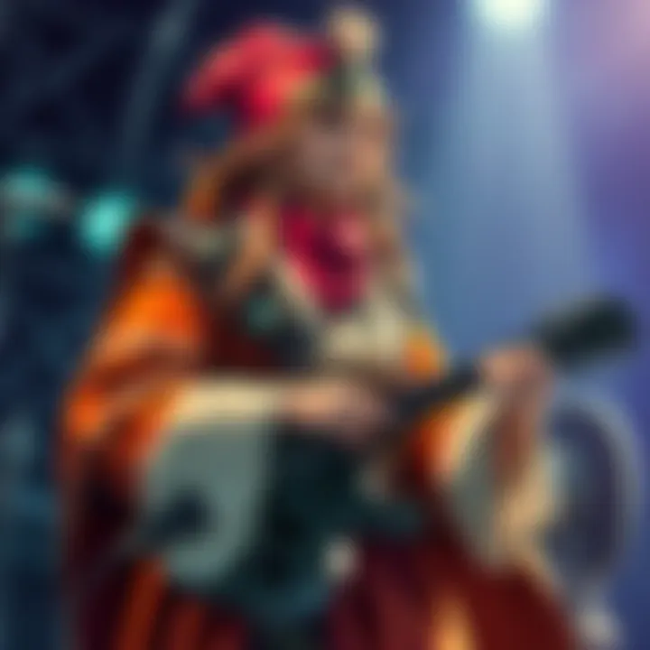 A bard character with a vibrant outfit, holding a lute and confidently performing, showcasing a high Charisma score in a role-playing game setting.