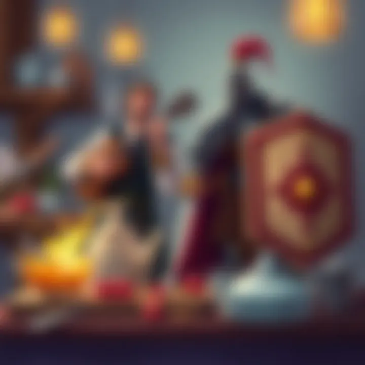 An illustration showing a charismatic bard with a lute and a paladin with a shield, both set in a fantasy kitchen surrounded by cooking tools, highlighting their chef backstory.