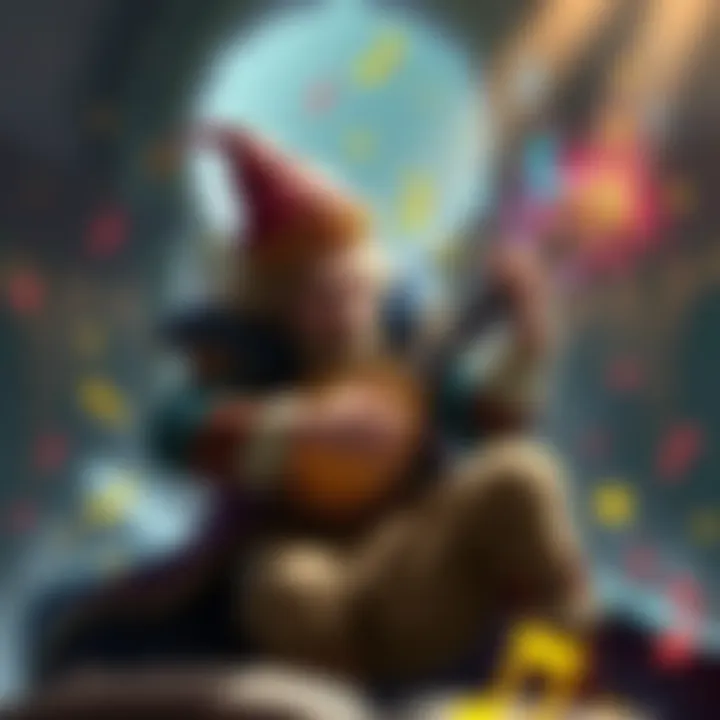 A Bard character in a fantasy setting, playing a lute surrounded by magical sparkles and colorful notes, representing music and charm.