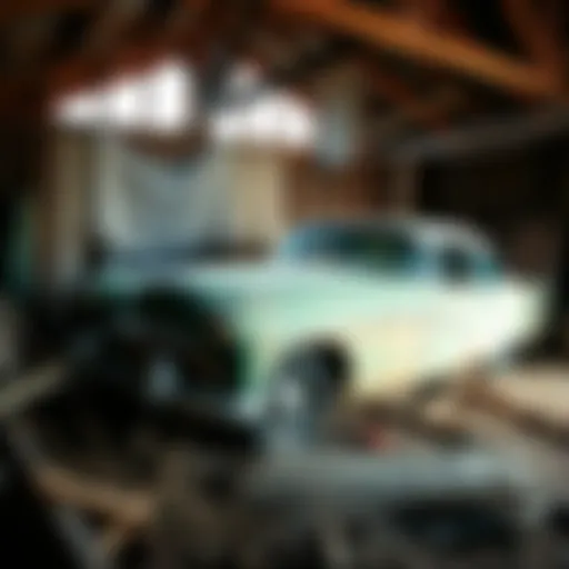 An uncovered classic car in a barn surrounded by dust and cobwebs, sparking curiosity in the community