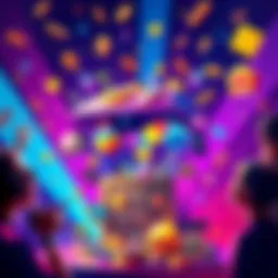 A colorful lootbox filled with various gaming items and treasures, surrounded by excited gamers celebrating their rewards