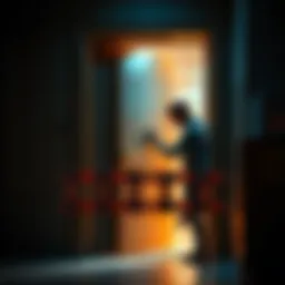 A person struggling to place a barricade kit on a door, showing a frustrated expression and a partially opened door