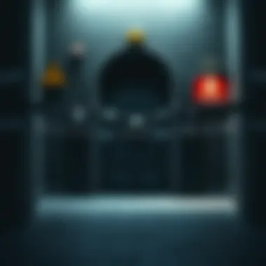 A heavily barricaded door with warning signs in a dark, tense environment, indicating potential danger ahead