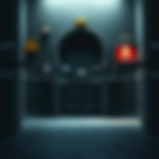 A heavily barricaded door with warning signs in a dark, tense environment, indicating potential danger ahead