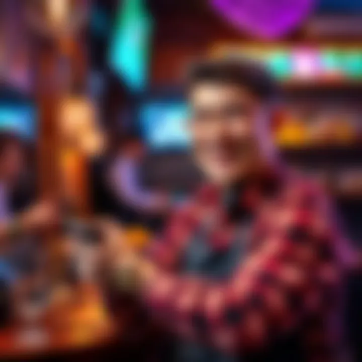 A happy bartender smiles while holding a game controller in a cozy setting, ready to start gaming after a busy night at work.