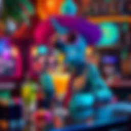 A colorful character resembling a bartender with ocean-themed attire, serving drinks at a tropical bar