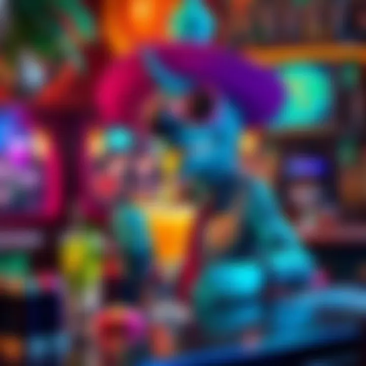 A colorful character resembling a bartender with ocean-themed attire, serving drinks at a tropical bar