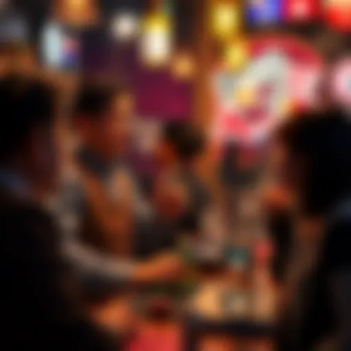 A lively scene at a Korean bar where a patron excitedly compares a bartender to a famous figure, sparking conversation among other patrons.