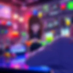 Jill, the bartender, prepares colorful cocktails for quirky customers in a vibrant setting.