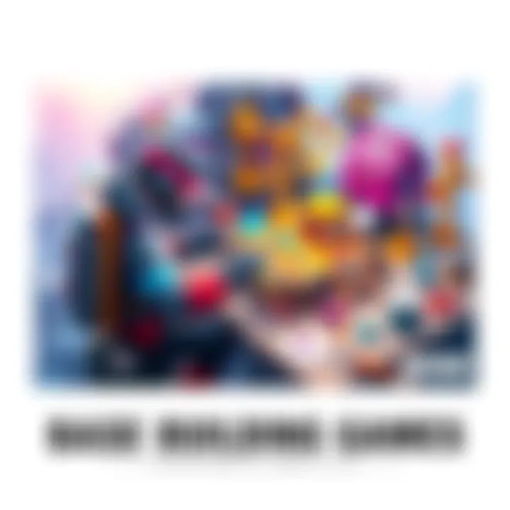 A player customizing their base in a vibrant game world, showcasing building tools and materials, with colorful structures in the background.