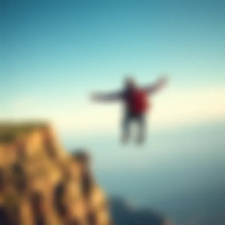 Base Jumper in Mid-Air A base jumper free-falling from a cliff against a clear blue sky, capturing the thrill of the jump