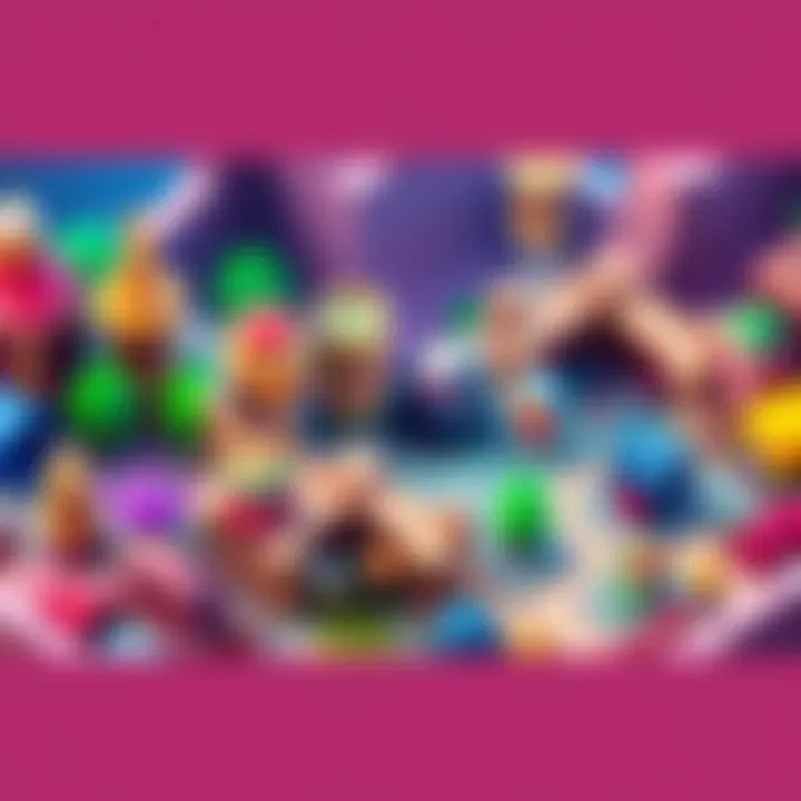 A vibrant settlement management game showing characters building structures and managing resources in a colorful environment