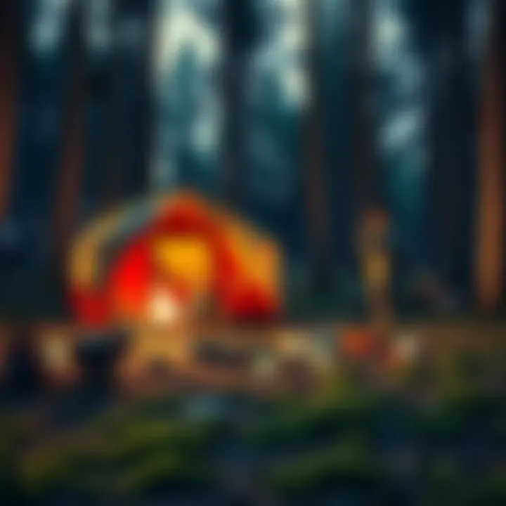 Base of Operations for Expeditions A group of people setting up a campsite with gear and materials in a forested area