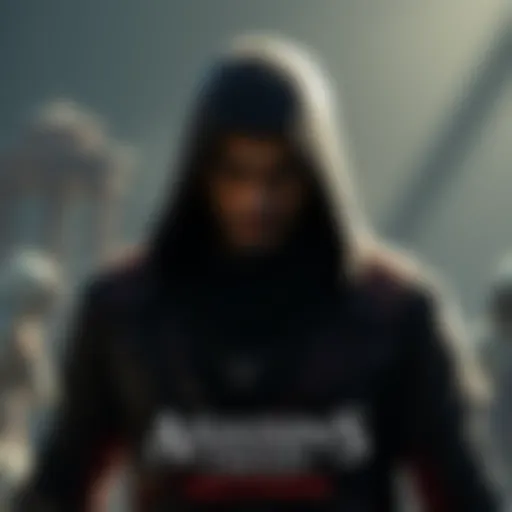 Basim stands with an annoyed expression, surrounded by dark, shadowy graphics reflecting his conflicted role in the Assassin's Creed series.